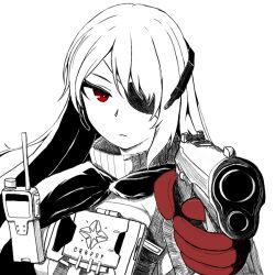 Rule 34 | 1girl, aiming, aiming at viewer, commentary, english commentary, evelyn (neural cloud), expressionless, eyepatch, f4 u, girls&#039; frontline, girls&#039; frontline neural cloud, gloves, greyscale, gun, hair over one eye, handgun, holding, holding gun, holding weapon, long hair, monochrome, red eyes, red gloves, simple background, solo, spot color, tactical clothes, upper body, walkie-talkie, weapon, white background