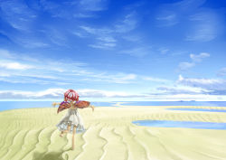 Rule 34 | 1girl, animal ears, bad id, bad pixiv id, barefoot, beach, cloud, day, dress, earrings, female focus, from behind, jewelry, mystia lorelei, outdoors, outstretched arms, pink hair, sand, scenery, shiba itsuki, short hair, sky, solo, spread arms, touhou, wings
