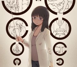 Rule 34 | 1girl, bdsm, black hair, blouse, commentary, confession, covering another&#039;s eyes, eye chart, femdom, gakuran, glasses, grey shirt, implied sex, kabedon, lab coat, landolt c, letter, long hair, looking at viewer, love letter, original, school uniform, serafuku, shared umbrella, shirt, striped clothes, striped shirt, umbrella, vertical-striped clothes, vertical-striped shirt, vision test, yajirushi (chanoma)