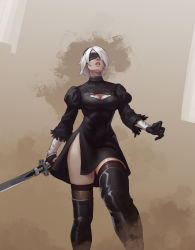 Rule 34 | 1girl, black blindfold, black dress, black hairband, black thighhighs, blindfold, boots, breasts, cleavage cutout, clothing cutout, dress, feather-trimmed sleeves, feather trim, gloves, hairband, highres, holding, holding sword, holding weapon, juliet sleeves, katana, lips, long sleeves, medium breasts, nanodeath, nier (series), nier:automata, puffy sleeves, short hair, silver hair, solo, sword, thighhighs, thighhighs under boots, weapon, 2b (nier:automata)