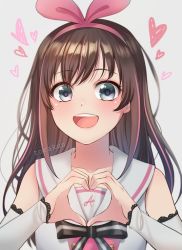 Rule 34 | 1girl, arm up, arm warmers, armpits, bare shoulders, blue eyes, blush, boots, bow, breasts, brown hair, collarbone, hair bow, hairband, kizuna ai, kizuna ai inc., lace, lace-trimmed legwear, lace trim, long hair, looking at viewer, medium breasts, navel, official art, open mouth, outstretched arm, outstretched hand, pink bow, pink hairband, ribbon, sailor collar, simple background, smile, solo, swept bangs, tagme, teeth, thigh boots, thighhighs, vest, white vest