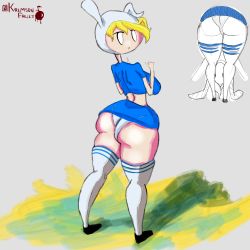 Rule 34 | 1girl, adventure time, alternate ass size, animal hood, ass, bent over, black footwear, blonde hair, blue skirt, crop top, fionna the human girl, from behind, full body, highres, hood, huge ass, krimsonfruit, looking at viewer, looking back, looking through own legs, microskirt, midriff, mob face, panties, pantyshot, rabbit hood, skindentation, skirt, solid oval eyes, standing, thick thighs, thighhighs, thighs, underwear, white panties, white thighhighs, wide hips