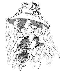 Rule 34 | 1girl, closed eyes, closed mouth, commentary, english commentary, greyscale, hat, hat leaf, mirror, monochrome, shide, short hair, solo, speargsun, touhou, upper body, yasaka kanako