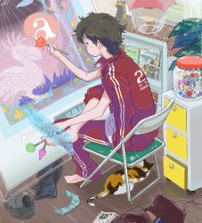 Rule 34 | androgynous, barefoot, between toes, brown hair, candy, cat, chair, drawr, feet, food, holding with feet, gender request, jacket, lollipop, oekaki, original, painting (action), short hair, solo, track jacket, track suit, ymr