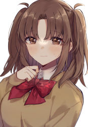 Rule 34 | 1girl, blush, bow, bowtie, breasts, brown eyes, brown hair, cardigan, closed mouth, collared shirt, commentary request, highres, long hair, long sleeves, looking at viewer, medium breasts, nervous, parted bangs, red bow, red bowtie, school uniform, shirt, sidelocks, simple background, solo, sweatdrop, tsukihime, tsukihime (remake), uniform, upper body, wasa (wanosabi), white background, white shirt, yellow cardigan, yumizuka satsuki