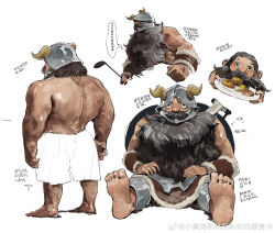 Rule 34 | 1boy, alternate species, armor, back hair, back muscles, bara, barefoot, beard, blush, broad shoulders, brown hair, chinese text, collage, covered eyes, dungeon meshi, dwarf, expressionless, facial hair, facing away, fake horns, feet, from behind, full body, hairy, helmet, helmet over eyes, highres, holding, holding behind back, horned helmet, horns, incoming food, long beard, looking at viewer, male focus, muscular, muscular male, mustache, plate armor, senshi (dungeon meshi), senshi (half-foot) (dungeon meshi), shinnasuka025, shorts, sitting, soles, sparse arm hair, sparse leg hair, spread legs, standing, tareme, thick mustache, topless male, translation request, unfinished, very long beard, wok