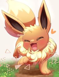 :3 :d ^_^ absurdres animal_focus artist_name blush closed_eyes commentary_request creatures_(company) eevee fluffy game_freak gen_1_pokemon grass happy heart highres nintendo no_humans open_mouth outdoors path pokemer pokemon pokemon_(creature) road signature smile twitter_username white_background