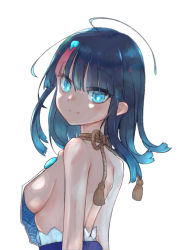 Rule 34 | 1girl, back, bad id, bad pixiv id, bare shoulders, blue eyes, blue hair, blush, breasts, closed mouth, dress, fate/grand order, fate/requiem, fate (series), jewelry, looking at viewer, looking back, magatama, magatama hair ornament, medium breasts, medium hair, multicolored hair, necklace, nenehotoso, pink hair, seigaiha, sideboob, sideless outfit, simple background, sleeveless, sleeveless dress, smile, solo, streaked hair, upper body, utsumi erice, white background, white dress