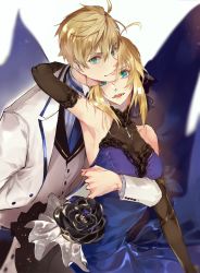 Rule 34 | 1boy, 1girl, ahoge, arthur pendragon (fate), arthur pendragon (white rose) (fate), artoria pendragon (all), artoria pendragon (fate), blonde hair, bow, breasts, cleavage, dress, elbow gloves, fate/prototype, fate (series), flower, gloves, green eyes, hair between eyes, official alternate costume, pvc parfait, saber (fate), saber (lapis lazuli dress) (fate), see-through, see-through cleavage, short hair, sleeveless, sleeveless dress