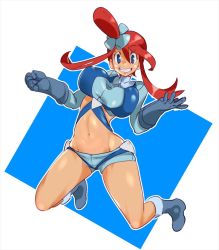 Rule 34 | 1girl, bad id, bad pixiv id, blue eyes, bouncing breasts, breasts, creatures (company), full body, game freak, gloves, gym leader, hair ornament, jumping, large breasts, long hair, midriff, navel, nintendo, pokemon, pokemon bw, red hair, shoes, simple background, skyla (pokemon), smile, solo, zaitsu
