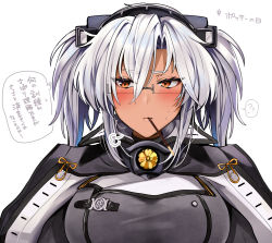 Rule 34 | 1girl, ?, ??, blush, buttons, closed mouth, dark-skinned female, dark skin, double-breasted, food, food in mouth, grey hair, grey jacket, headgear, highres, jacket, kantai collection, looking at viewer, musashi (kancolle), musashi kai ni (kancolle), pocky, red eyes, rimless eyewear, simple background, solo, spoken question mark, thought bubble, translation request, upper body, white background, yunamaro
