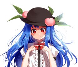 Rule 34 | 1girl, black hat, blouse, blue hair, blush, bow, buttons, closed mouth, collar, fingers together, food, frills, fruit, hands up, hat, highres, hinanawi tenshi, kimautomne, leaf, long hair, looking at viewer, peach, puffy short sleeves, puffy sleeves, red bow, red eyes, red neckwear, shaded face, shirt, short sleeves, simple background, solo, touhou, white background, white collar, white shirt, white sleeves