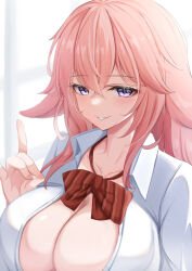 Rule 34 | 1girl, absurdres, animal ears, blush, bow, bowtie, breasts, cleavage, collarbone, collared shirt, commentary, crossed bangs, fang, fingernails, floppy ears, fox ears, fox girl, fox shadow puppet, genshin impact, hair between eyes, highres, huge breasts, long hair, looking at viewer, nicomi-chan, open clothes, open shirt, pink hair, purple eyes, raised eyebrows, red bow, red bowtie, school uniform, shirt, skin fang, smile, solo, striped bow, striped bowtie, striped clothes, teeth, upper body, white shirt, yae miko