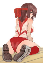 Rule 34 | 1girl, ass, brown eyes, brown hair, commentary, elbow pads, from behind, full body, girls und panzer, headband, knee pads, kondou taeko, leaning forward, light frown, looking at viewer, looking back, medium hair, on floor, parted lips, red headband, red shirt, red shorts, red socks, shirt, shoes, short shorts, shorts, simple background, sitting, sleeveless, sleeveless shirt, sneakers, socks, solo, sportswear, sweat, volleyball uniform, wariza, white background, white footwear, wooden floor, yurikuta tsukumi