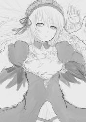Rule 34 | 00s, 1girl, breasts, dress, greyscale, hairband, long hair, lying, monochrome, nipples, on back, rozen maiden, shiro-inu, sketch, solo, suigintou, torn clothes, wings