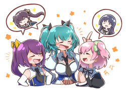 Rule 34 | 5girls, :d, aqua hair, assault lily, bare shoulders, belt, black hair, black necktie, black ribbon, blue shirt, blush, brown belt, chibi, closed eyes, closed mouth, clover hair ornament, collared shirt, commentary request, cropped jacket, cropped torso, facing another, flower (symbol), four-leaf clover hair ornament, hair between eyes, hair ornament, hair ribbon, hand on own hip, hand up, hands on own hips, hands up, high ponytail, hishida haru, hitotsuyanagi riri, index finger raised, juliet sleeves, kawanabe nazuna, long hair, long sleeves, medium hair, multiple girls, nabezoko no okoge, neck ribbon, necktie, notice lines, one side up, open mouth, own hands together, palms together, pink hair, puffy sleeves, purple hair, ribbon, school uniform, shared speech bubble, shirai yuyu, shirt, short hair, short twintails, side ponytail, sidelocks, simple background, smile, smug, solid oval eyes, sparkle, speech bubble, spoken character, standing, suzuki chinami, twintails, two-tone shirt, upper body, white background, white shirt, yellow ribbon, yurigaoka girls academy school uniform