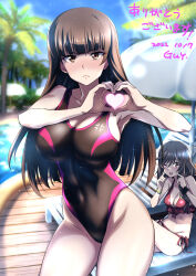 Rule 34 | 2girls, bikini, blunt bangs, breasts, brown eyes, brown hair, cleavage, commission, cowboy shot, girls und panzer, heart, heart hands, highres, hime cut, large breasts, long hair, looking at viewer, multiple girls, nakahira guy, nishizumi shiho, one-piece swimsuit, pool, red bikini, shimada chiyo, skeb commission, smile, swimsuit, thighs