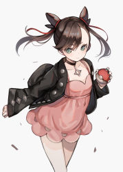 Rule 34 | 1girl, asymmetrical bangs, bad id, bad pixiv id, black choker, black hair, black jacket, black nails, choker, closed mouth, collarbone, commentary request, creatures (company), dress, game freak, green eyes, grey background, hair ribbon, highres, holding, holding poke ball, jacket, long sleeves, looking at viewer, marnie (pokemon), nail polish, nintendo, open clothes, open jacket, pink dress, poke ball, poke ball (basic), pokemon, pokemon swsh, red ribbon, ribbon, sleeveless, sleeveless dress, sleeves past wrists, solo, twintails, v-shaped eyebrows, yuzu-aki