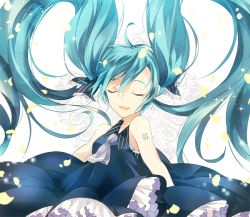 Rule 34 | 1girl, 39, bad id, bad pixiv id, blue dress, closed eyes, commentary, dress, floating hair, floral background, happy, hatsune miku, kamari (kama ri), long hair, necktie, open mouth, petals, simple background, sleeveless, smile, solo, solo focus, sparkle, standing, twintails, very long hair, vocaloid, white background