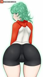 Rule 34 | 1girl, aianel, animated, animated gif, ass, ass shake, bike shorts, blush, cameltoe, closed mouth, curly hair, from behind, green eyes, green hair, hood, hoodie, leaning, looking at viewer, looking back, matching hair/eyes, one-punch man, pantylines, short hair, simple background, solo, tatsumaki, white background