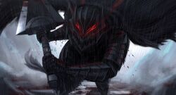 Rule 34 | 1boy, aki (akistrike), armor, artist name, berserk, berserker armor, black armor, black cloak, blood, bloody weapon, cloak, commentary, dragonslayer (sword), english commentary, full armor, glowing, glowing eyes, guts (berserk), helmet, holding, holding sword, holding weapon, incoming attack, male focus, red eyes, shoulder armor, solo, sword, weapon
