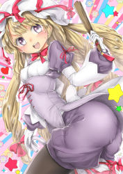 Rule 34 | 1girl, ass, black pantyhose, blonde hair, blush, bow, bowtie, chikado, commentary request, corset, flower, folding fan, gloves, hair bow, hand fan, heart, long hair, long sleeves, looking at viewer, open mouth, pantyhose, puffy long sleeves, puffy sleeves, purple eyes, red bow, red bowtie, red ribbon, ribbon, smile, solo, star (symbol), sweatdrop, teeth, touhou, umbrella, very long hair, white gloves, yakumo yukari