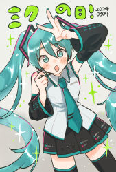 Rule 34 | 1girl, :o, arm up, black skirt, black thighhighs, blush, collared shirt, commentary request, detached sleeves, green eyes, green hair, green nails, green necktie, grey background, hair between eyes, hair ornament, hatsune miku, highres, kanchan kani, long hair, looking at viewer, nail polish, necktie, open mouth, pleated skirt, shirt, skirt, sleeveless, sleeveless shirt, solo, sparkle, thighhighs, twintails, vocaloid