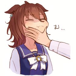 Rule 34 | 1girl, 1other, agnes tachyon (umamusume), ahoge, animal ears, bow, chemical structure, closed eyes, closed mouth, commentary request, earrings, ears down, hand on another&#039;s face, highres, horse ears, horse girl, jewelry, long sleeves, messy hair, purple shirt, sailor collar, school uniform, shirt, short hair, simple background, single earring, solo focus, tracen school uniform, translation request, umamusume, upper body, white background, white bow, winter uniform, yogoto (yo go t)