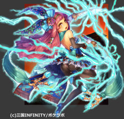 Rule 34 | 1girl, :o, aqua scarf, architecture, ass, aura, backless outfit, bare shoulders, black pantyhose, blue bow, blue dress, blue footwear, blunt bangs, border, bow, brown hairband, building, company name, copyright name, dagger, detached sleeves, dress, east asian architecture, electricity, floating hair, floral print, flower, fringe trim, from behind, full body, gem, gloves, glowing, glowing weapon, grey border, hair bow, hair flower, hair ornament, hair tubes, hairband, high heels, holding, holding knife, holding weapon, knife, leg up, long hair, looking at viewer, looking back, official art, open mouth, orange eyes, orange sky, outside border, panties, panties under pantyhose, pantyhose, pink flower, pink hair, pink panties, print bow, purple flower, saltydanshark, sangoku infinity, scarf, serious, short dress, shoulder blades, sidelocks, sky, solo, straight hair, strapless, strapless dress, sunset, underwear, v-shaped eyebrows, very long hair, weapon, white gloves