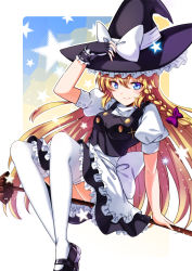 Rule 34 | 1girl, absurdres, apron, black dress, blonde hair, blush, bow, braid, broom, broom riding, buttons, dress, frilled dress, frills, hair bow, hat, hat bow, highres, kirisame marisa, koissa, long hair, looking at viewer, purple bow, short sleeves, side braid, single braid, smile, solo, thighhighs, touhou, waist apron, white thighhighs, witch hat