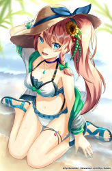 Rule 34 | antenna hair, beach, bikini, blue eyes, braid, breasts, choker, cleavage, dragalia lost, flower, hair ornament, hat, high ponytail, highres, jacket, jewelry, large breasts, louise (dragalia lost), navel, necklace, open clothes, open jacket, pink hair, ryo-suzuki, sandals, side braid, sitting, smile, solo, sun hat, sunflower, swimsuit, water