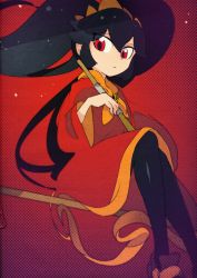 Rule 34 | 1girl, ashley (warioware), big hair, black hair, black pantyhose, broom, broom riding, closed mouth, dress, expressionless, female focus, flat chest, hairband, halftone, hand up, highres, holding, idkuroi, knees together feet apart, long hair, long sleeves, looking down, neckerchief, nintendo, orange hairband, orange neckerchief, pantyhose, red background, red dress, red eyes, shiny clothes, sidelocks, sidesaddle, simple background, sitting, skull, solo, twintails, warioware, wide sleeves