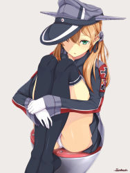 Rule 34 | 1girl, anchor hair ornament, ass, bad id, bad pixiv id, black thighhighs, blonde hair, blue eyes, blush, breasts, cross, gloves, groin, hair between eyes, hair ornament, hat, hugging own legs, iron cross, kantai collection, large breasts, long hair, long sleeves, looking at viewer, low twintails, microskirt, military, military uniform, no shoes, one eye closed, open mouth, panties, pantyshot, peaked cap, prinz eugen (kancolle), sidelocks, signature, simple background, sitting, skirt, solo, suohachi, tearing up, thighhighs, thighs, twintails, underwear, uniform, white gloves, white panties