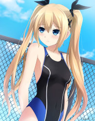 Rule 34 | 1girl, artist name, bad id, bad pixiv id, bare shoulders, blonde hair, blue eyes, blush, breasts, chain-link fence, competition swimsuit, covered navel, dead or alive, dead or alive 5, fence, hair ribbon, highleg, highleg swimsuit, keenh, long hair, marie rose, one-piece swimsuit, ribbon, sideboob, signature, small breasts, solo, swimsuit, twintails