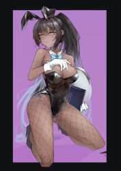 Rule 34 | 1girl, absurdres, animal ears, bare shoulders, black border, black hair, black headband, black leotard, blue archive, border, bow, bowtie, breasts, cleavage, closed mouth, dark-skinned female, dark skin, detached collar, fake animal ears, fishnet pantyhose, fishnets, gloves, hair between eyes, hand up, headband, high heels, highres, holding, holding tray, jumbowhopper, karin (blue archive), karin (bunny) (blue archive), kneeling, large breasts, leotard, long hair, looking at viewer, pantyhose, playboy bunny, solo, strapless, strapless leotard, sweatdrop, tan, traditional bowtie, tray, two-tone background, white gloves, wide hips, yellow eyes
