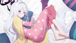 Rule 34 | 1girl, ahoge, aya (lezon), barefoot, bed, bed sheet, blue archive, blush, cameo, commentary, demon girl, demon horns, demon wings, doodle sensei (blue archive), fetal position, forehead, full moon, halo, highres, hina (blue archive), hina (pajamas) (blue archive), horns, hugging object, jacket, jacket on shoulders, long hair, long sleeves, looking at viewer, lying, moon, official alternate costume, on side, pajamas, parted bangs, pillow, pillow hug, pink pajamas, polka dot, polka dot pajamas, purple eyes, revision, sensei (blue archive), sidelocks, soles, solo, sweater, sweater jacket, toes, white hair, wings, yellow sweater