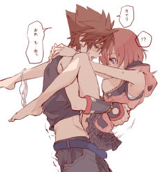 Rule 34 | 1boy, 1girl, arms around neck, barefoot, breasts, breasts out, clothed sex, hetero, kairi (kingdom hearts), kingdom hearts, kingdom hearts iii, leg wrap, looking at another, medium breasts, nipples, panties, panties around leg, ramochi (auti), sex, short hair, sleeveless, sora (kingdom hearts), speech bubble, spiked hair, suspended congress, tank top, translation request, underwear