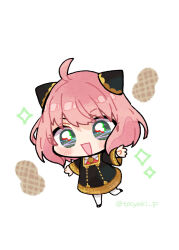 Rule 34 | 1girl, anya (spy x family), blush, chibi, child, doradorakingyo, green eyes, looking at viewer, open mouth, pink hair, school uniform, short hair, simple background, smile, solo, spy x family, standing, standing on one leg, white background