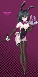Rule 34 | 1girl, :d, absurdres, ahoge, alternate costume, animal ears, arknights, bare shoulders, black footwear, black gloves, black hair, black leotard, black thighhighs, blush, bow, bowtie, breasts, budesonide, butt plug, cleavage, closed eyes, corruption, covered erect nipples, covered navel, dark persona, detached collar, dildo, elbow gloves, facing viewer, fake animal ears, fake tail, feather hair, full body, gloves, gluteal fold, hair intakes, halftone, halftone background, highres, holding, holding tray, la pluma (arknights), leaning forward, leotard, medium breasts, open mouth, playboy bunny, pubic tattoo, purple background, purple bow, purple bowtie, rabbit ears, rabbit tail, scrunchie, sex toy, short hair, smile, solo, strapless, strapless leotard, tail, tattoo, thigh gap, thighhighs, tray, wrist scrunchie