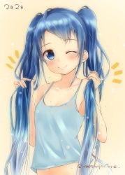 Rule 34 | 1girl, alternate costume, artist name, bare arms, bare shoulders, blue eyes, blue hair, blush, camisole, collarbone, commentary request, gradient hair, highres, holding, holding own hair, kantai collection, long hair, looking at viewer, mae (maesanpicture), multicolored hair, navel, notice lines, one eye closed, samidare (kancolle), simple background, smile, solo, spaghetti strap, twintails, twintails day, underwear, underwear only, very long hair, white background