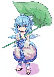 Rule 34 | 1girl, alternate costume, bad id, bad pixiv id, blue eyes, blue hair, bow, cirno, cosplay, fairy, female focus, furorida, hair bow, hairband, headband, holding, ice, ice wings, japanese clothes, kimono, kororo, kororo (cosplay), leaf umbrella, leg warmers, long sleeves, looking at viewer, matching hair/eyes, sandals, sash, shaman king, short hair, simple background, solo, touhou, traditional clothes, white background, wide sleeves, wings