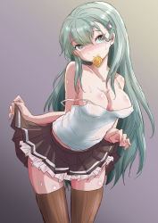 Rule 34 | 1girl, aqua eyes, aqua hair, breasts, brown skirt, brown thighhighs, camisole, cleavage, commentary request, condom, condom wrapper, cowboy shot, frilled skirt, frills, fuji (pixiv24804665), gradient background, grey background, hair ornament, hairclip, highres, kantai collection, large breasts, long hair, looking at viewer, mouth hold, pleated skirt, simple background, skirt, skirt hold, solo, strap slip, suzuya (kancolle), thighhighs, white camisole