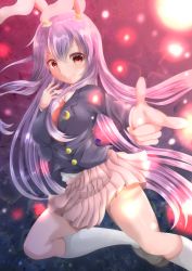 Rule 34 | 1girl, absurdres, animal ears, artist request, blazer, blouse, breasts, commentary, commentary request, danmaku, highres, jacket, large breasts, light purple hair, long hair, necktie, pink skirt, pleated skirt, pointing, purple hair, rabbit ears, red eyes, red necktie, reisen udongein inaba, shirt, skirt, solo, star (symbol), starry background, touhou, very long hair, white legwear