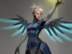 Rule 34 | 1girl, alternate color, arm up, armor, black legwear, blonde hair, blue bodysuit, blue eyes, blue wings, bodysuit, breasts, close-up, cowboy shot, faulds, gerry arthur, glowing, glowing wings, gradient background, grey background, hair tie, halo, high ponytail, looking away, looking to the side, mechanical halo, mechanical wings, medium breasts, mercy (overwatch), nose, overwatch, overwatch 1, pelvic curtain, pink lips, solo, spread wings, wings