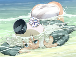 Rule 34 | 10s, 1girl, all fours, black hat, black jacket, blonde hair, blue eyes, cropped jacket, futatsuki hisame, garrison cap, hair ornament, hat, jacket, kantai collection, long hair, one-piece swimsuit, one-piece tan, partially submerged, ribbon, school swimsuit, solo, striped ribbon, swimsuit, swimsuit under clothes, tan, tanline, u-511 (kancolle), water, white one-piece swimsuit, white school swimsuit