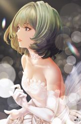 Rule 34 | 1girl, absurdres, arm up, backless dress, backless outfit, bare shoulders, blue eyes, blurry, breasts, choker, cleavage, collarbone, depth of field, dress, elbow gloves, eyelashes, from side, gloves, gradient hair, green eyes, green hair, heterochromia, highres, idolmaster, idolmaster cinderella girls, infinote, lace, lace choker, lens flare, lips, looking away, medium breasts, mole, mole under eye, multicolored hair, parted lips, short hair, signature, sitting, solo, strapless, strapless dress, swept bangs, takagaki kaede, thick eyebrows, wedding dress, white dress, white gloves