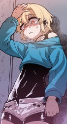 Rule 34 | 1boy, blonde hair, blush, choker, crossdressing, hair between eyes, highres, jeong sana, looking down, male focus, parkgee, red eyes, shaded face, short shorts, shorts, singlet, solo, suicide boy, sweat, sweater