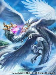 Rule 34 | blue sky, breath weapon, breathing fire, cloud, cloudy sky, commentary request, day, dragon, fire, floating island, flying, glowing, glowing eyes, highres, light rays, monster, multiple wings, no humans, official art, outdoors, seisen cerberus, sky, watermark, wings, z.dk