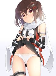 Rule 34 | 1girl, absurdres, black gloves, blush, breasts, brown eyes, brown hair, cameltoe, clothes lift, crossed bangs, elbow gloves, fingerless gloves, frills, gloves, hair between eyes, hair ornament, highres, kantai collection, lifted by self, medium hair, open mouth, panties, sailor collar, scarf, sendai (kancolle), sendai kai ni (kancolle), simple background, skirt, skirt lift, sleeveless, small breasts, solo, two side up, underwear, white panties, white scarf, yuzuttan