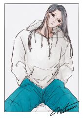 Rule 34 | 1boy, absurdres, alternate costume, ark mono, black eyes, black hair, blue pants, casual, cowboy shot, expressionless, hands in pockets, highres, hood, hood down, hoodie, hunter x hunter, illumi zoldyck, looking at viewer, male focus, pants, signature, simple background, solo, white background, white hoodie